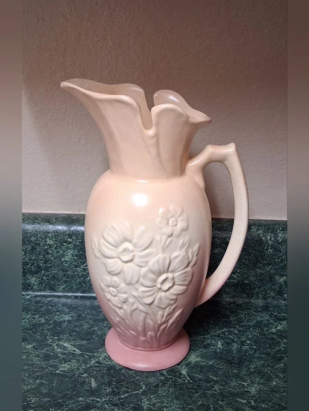 Vintage Hull Art Pottery 1950s Embossed Floral  Pitcher Cream, Pink 66-10